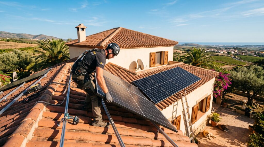 Instalador profesional colocando placas solares en tejado de vivienda mediterránea en España