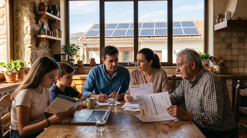 Familia española revisando documentos de subvenciones para instalación de placas solares
