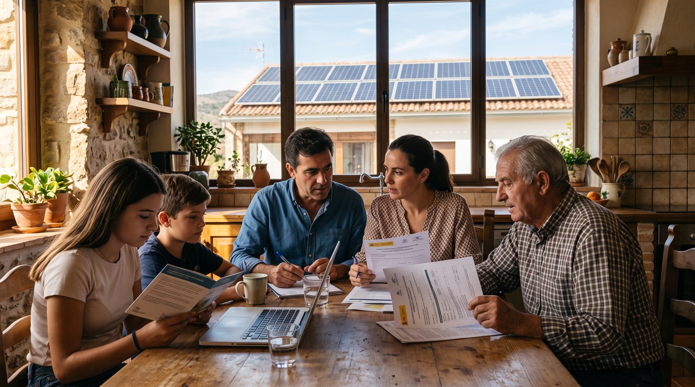 Familia española revisando documentos de subvenciones para instalación de placas solares
